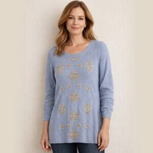 SOFT SURROUNDINGS Blue Isra Sparkle Beaded Wool Blend Sweater Plus Sz 2X